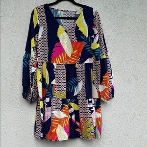 Colorful geometric snd leaf print short, tiered with unique “balloon” sleeves